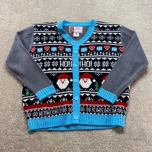 Merry Christmas Cardigan Sweater Womens Large Gray Blue Santa Fair Isle Holiday